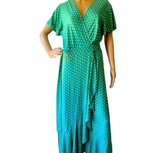 Green Polka Dot Wrap Midi Dress